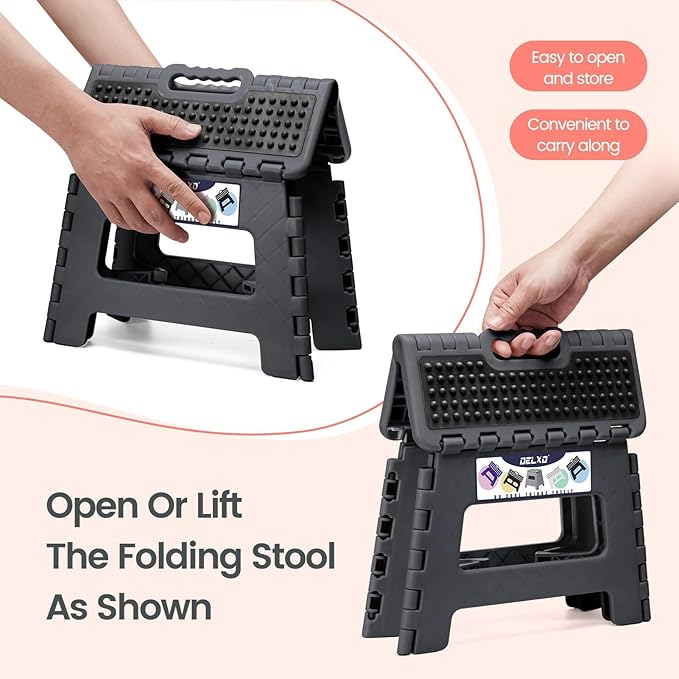 Delxo Folding Step Stool 9 Inch,Non-Slip Foldable Stools for Kids & Adults Up to 300 LBS,Kitchen Collapsible Fold Up Stepping Stool with Dotted 1 Pack,Gray - Image 5