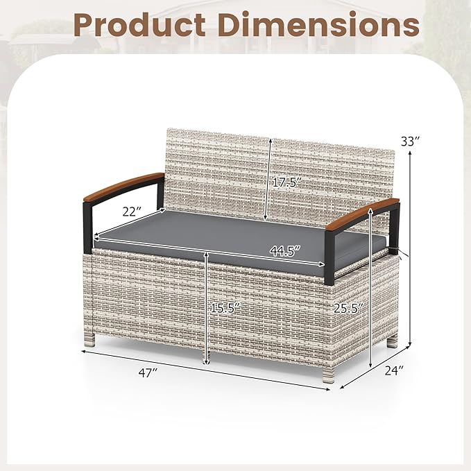 RELAX4LIFE Wicker Outdoor Storage Bench, Rattan Deck Box w/Protective Liner for Patio Furniture Pillows & Garden Tools, Porch Loveseat with Seat Cushion, Acacia Wood Armrests (Grey) - Image 2