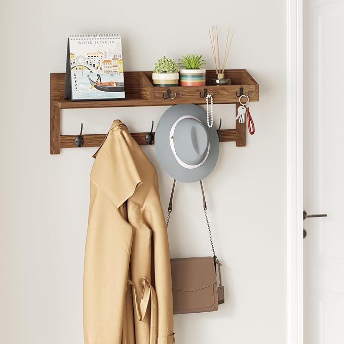 AMBIRD Wall Hooks with Shelf, 26.57 Inch Entryway Wood Coat Hooks - Image 3