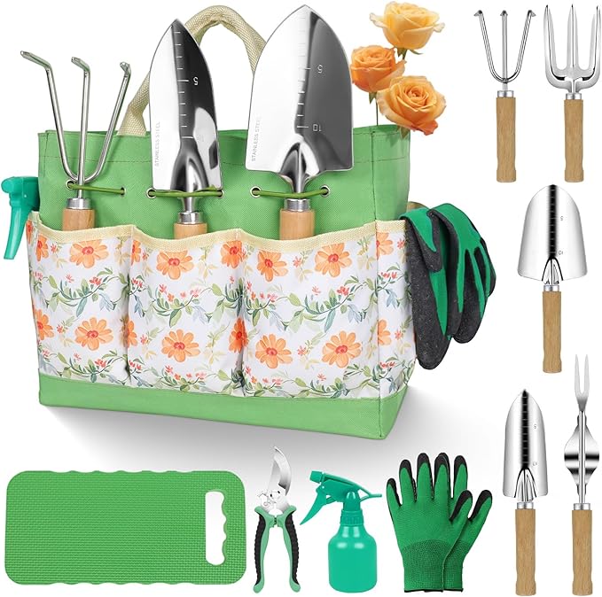 Gardening Tools 10-Piece Heavy Duty Stainless Steel Hand Tools with Durable Garden Tools Storage Tote,Rust-Proof Garden Tool Set, Ideal Gardening Gifts for Women Yellow Floral Pattern Design - Image 9