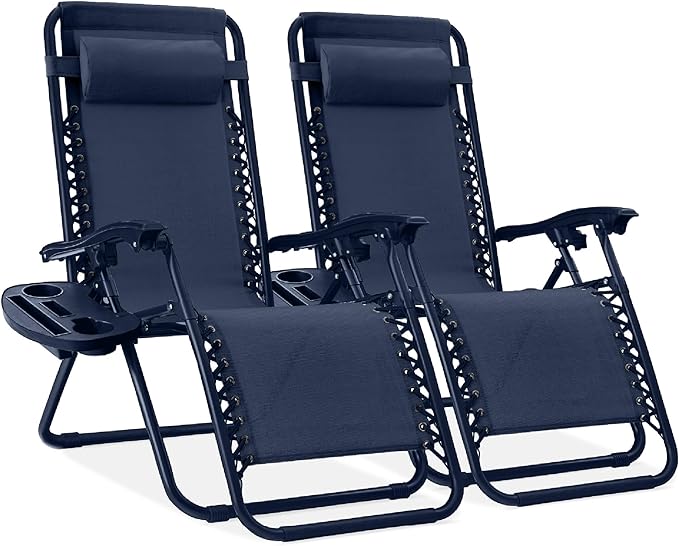 Best Choice Products Set of 2 Adjustable Steel Mesh Zero Gravity Lounge Chair Recliners w/Pillows and Cup Holder Trays - Navy by BestChoiceProducts