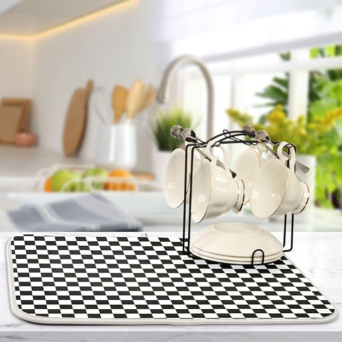 Black White Checkered Pattern Dish Drying Mat - Image 5