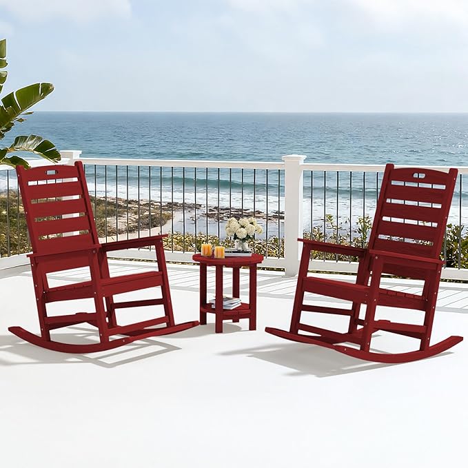 SERWALL Outdoor Rocking Chair, Oversized Rocking Chair with Footrest for Adults, HDPE All Weather Resistant Rocking Chairs for Patio, 350lbs Weight Capacity, Red - Image 10