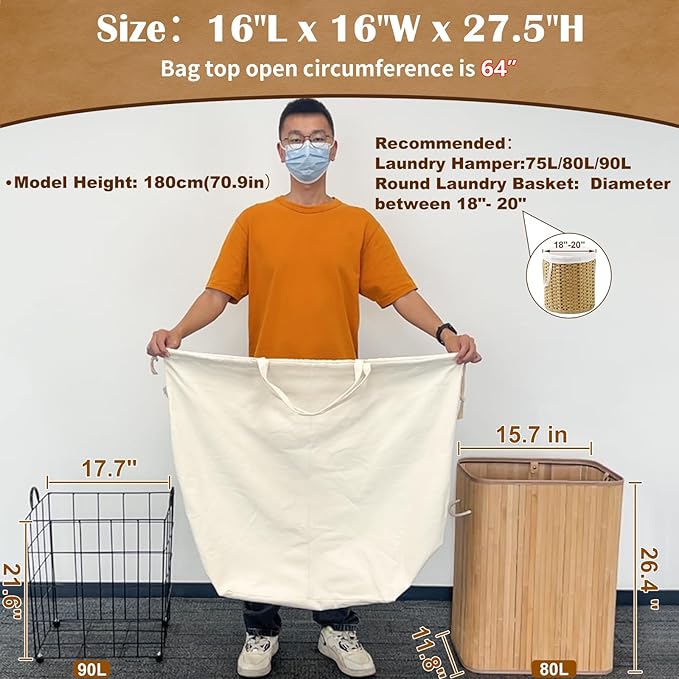 Canvas Laundry Bags with Handles & Square Base 16"Lx16"W x27.6"H, Extra Large - Image 2