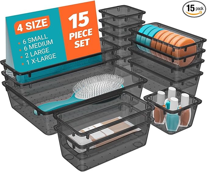 15 PCS Clear Plastic Drawer Organizer Set, 4-Size Acrylic Drawer Storage Trays by SpaceHacks