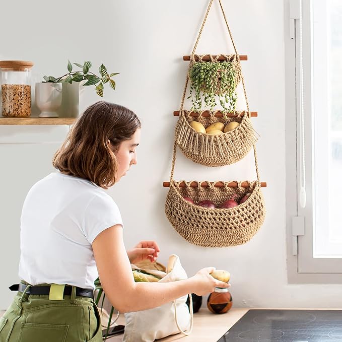 Hanging Fruit Basket, 3 Tier Over the Door Organizer, Handmade Woven Jute Wall - Image 2