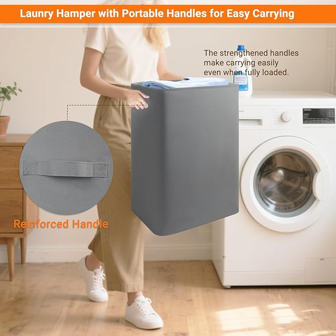 Foldable Laundry Hamper with Lid & Laundry Bag with Drawstring, Portable - Image 7