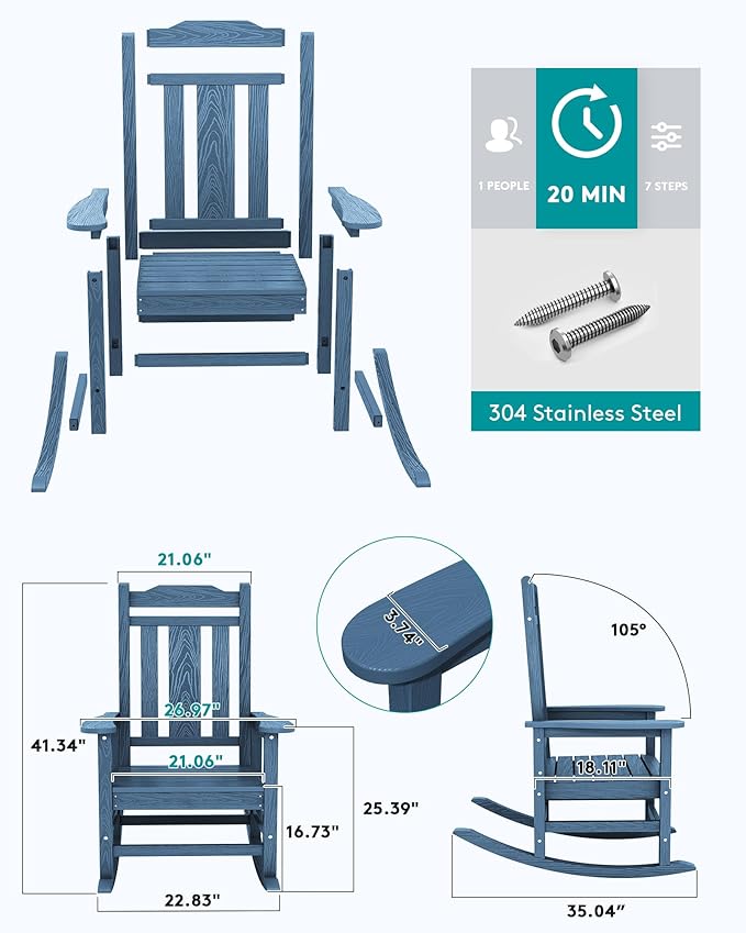 SERWALL Oversized Rocking Chair Set of 4 Outdoor, HDPE Outdoor Rocking Chair Set of 4, Blue - Image 4