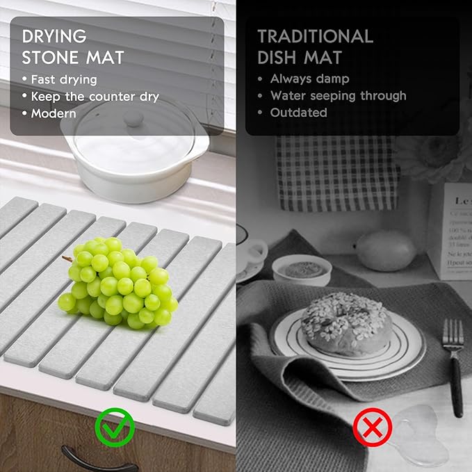 Large Stone Dish Drying Mats for Kitchen Counter, Quick Dry Collapsible Dish Mat - Image 4