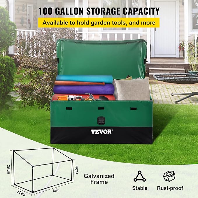 VEVOR Outdoor Storage Box, 100 Gallon Waterproof PE Tarpaulin Deck Box w/Galvanized Frame, All-Weather Protection & Portable, for Camping, Garden, Poolside, and Yard, Black & Green - Image 4