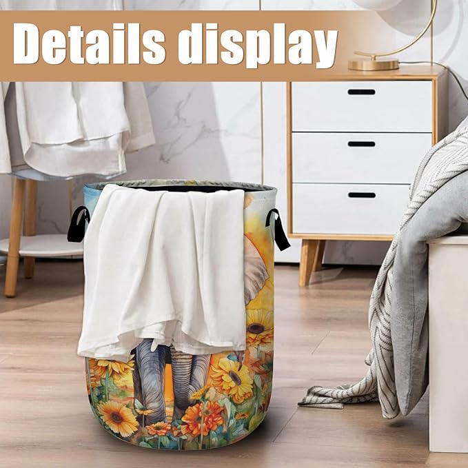 Watercolor Elephant Sunflower Laundry Basket, Foldable Wild Animals Laundry - Image 6