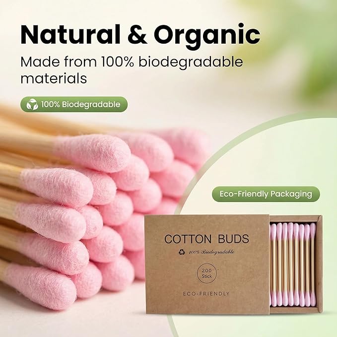 Pink Cotton Swabs 200pcs Natural Cotton Buds Biodegradable Organic Double Tips - Image 2