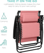 Best Choice Products 30” Wide Folding Zero Gravity Outdoor Recliner Patio Lounge Chair w/Adjustable Canopy Shade, Headrest, Side Accessory Tray - Pink - Image 9