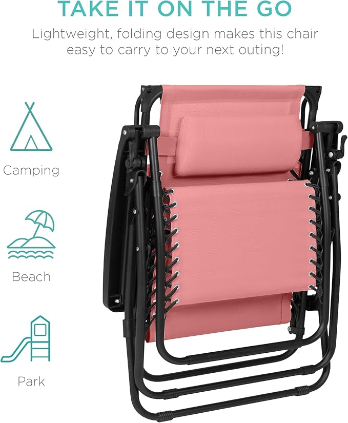 Best Choice Products 30” Wide Folding Zero Gravity Outdoor Recliner Patio Lounge Chair w/Adjustable Canopy Shade, Headrest, Side Accessory Tray - Pink - Image 9