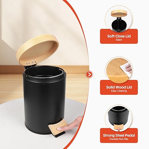 Small Bathroom Trash Can with Natural Bamboo Lid Soft Close，3 Liter / 0.8 - Image 2