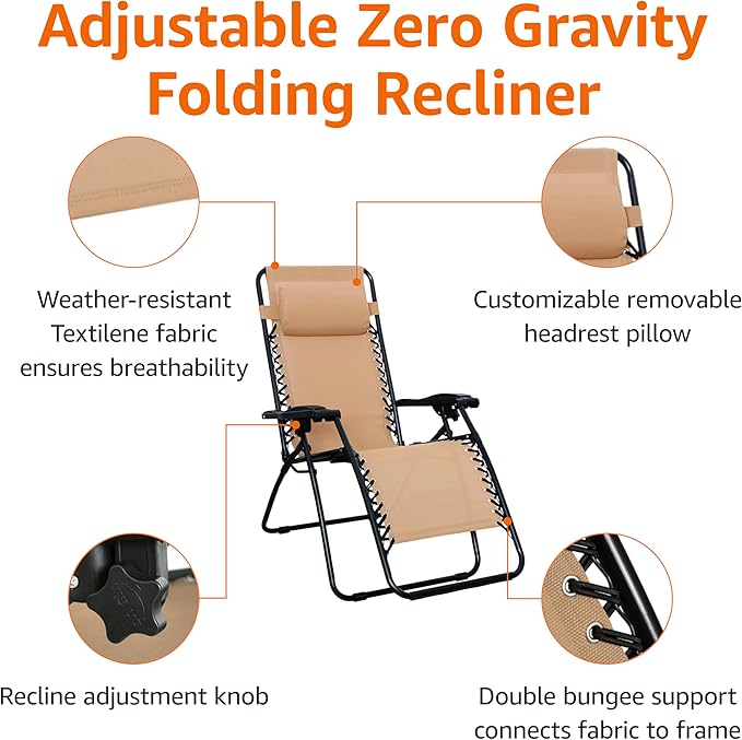 Amazon Basics Outdoor Patio Zero Gravity Folding Reclining Lounge Chair with Padded Headrest Pillow, Adjustable Lawn Chair for Outside, Weather-resistant Textilene, 26", Beige - Image 4