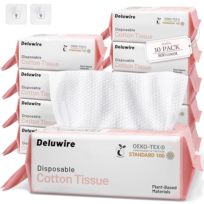 Soft Dry Wipe 10 Pack, Face Tissues, Lint Free Facial Cleansing Towels by Deluwire
