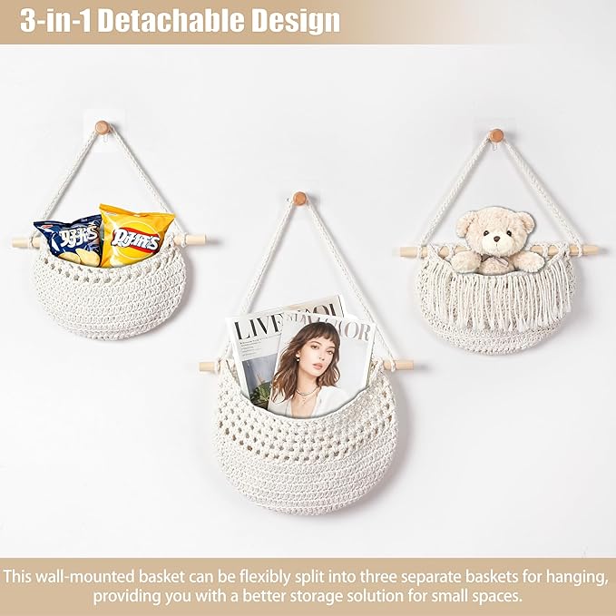 3 Tier Hanging Fruit Baskets for Kitchen, Boho Cotton Rope Handwoven Vegetable - Image 5