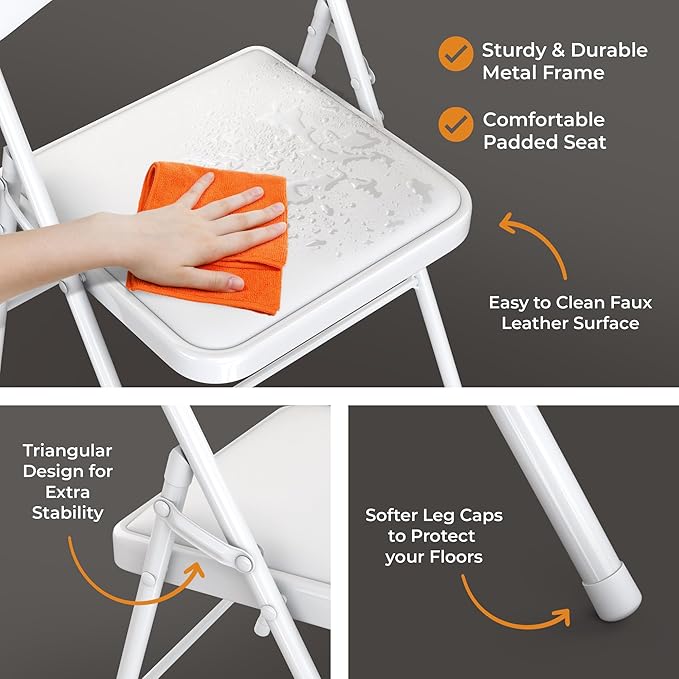 8 Pack Leather Chair | Foldable & Stackable | 350 lbs Capacity Steel Frame Seats for Indoor or Outdoor | Commercial Use Events Wedding Party Events Bulk Picnic Kitchen Dining - White - Image 5