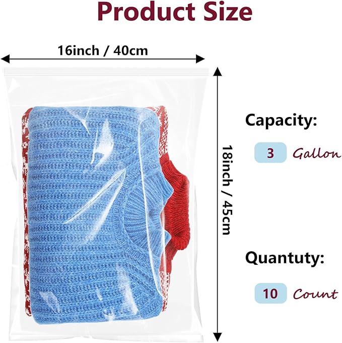 Large Plastic Bags With Zipper Top, 3 Gallon, 10 Pack, Extra Large Storage - Image 2