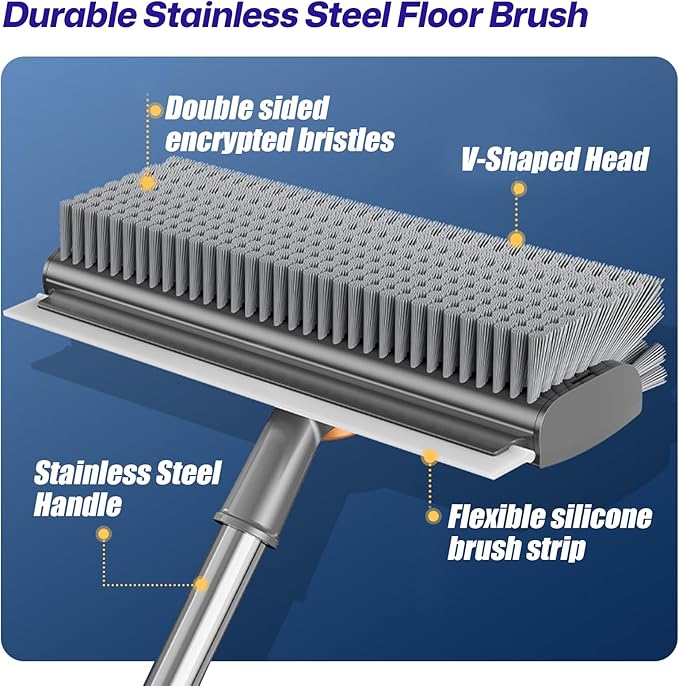 3-in-1 Floor Scrub Brush with Long Handle, Scrape and Heavy-Duty Stiff Bristle - Image 4