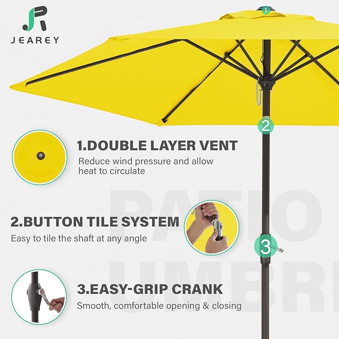 JEAREY 7.5FT Patio Umbrella Market Table Umbrella with 6 Sturdy Ribs, Push Button Tilt/Crank Outdoor Umbrella for Garden, Deck, Backyard, Pool and Beach,Yellow - Image 4