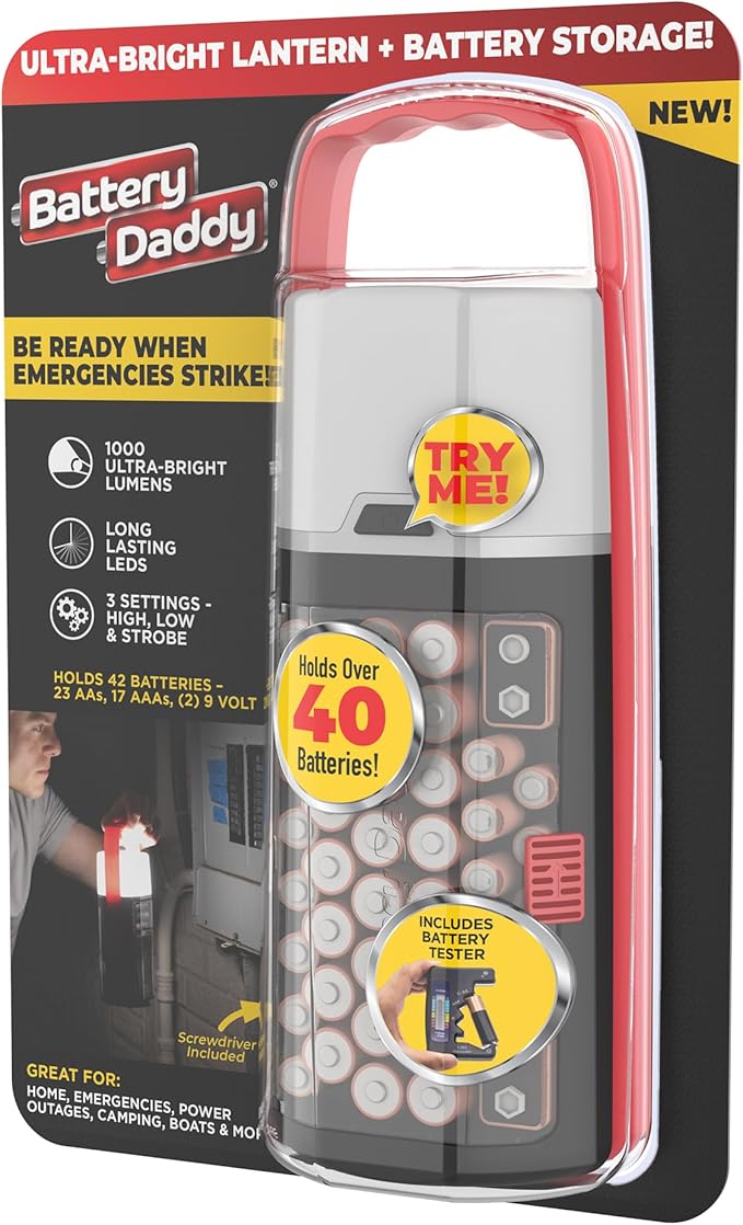 Ontel Battery Daddy Lantern, 2-in-1 Battery Powered Lamp & Battery Organizer by Ontel