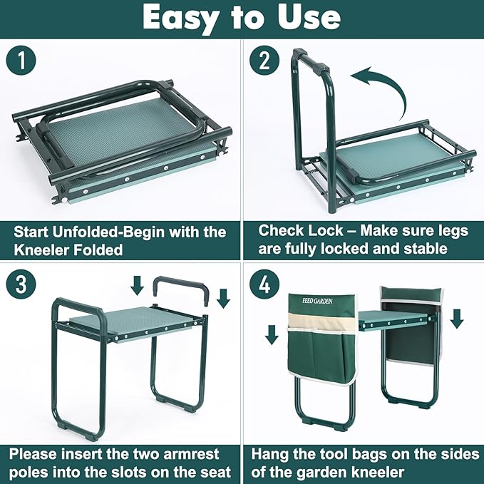 FEED GARDEN Garden Kneeler and Seat, Upgraded Foldable Gardening Stool with 10.23" Wide Kneeling Pad, Heavy Duty Gardening Bench Chair with 2 Tool Pouches, Gardening Gifts for Seniors Mom Women Men - Image 4