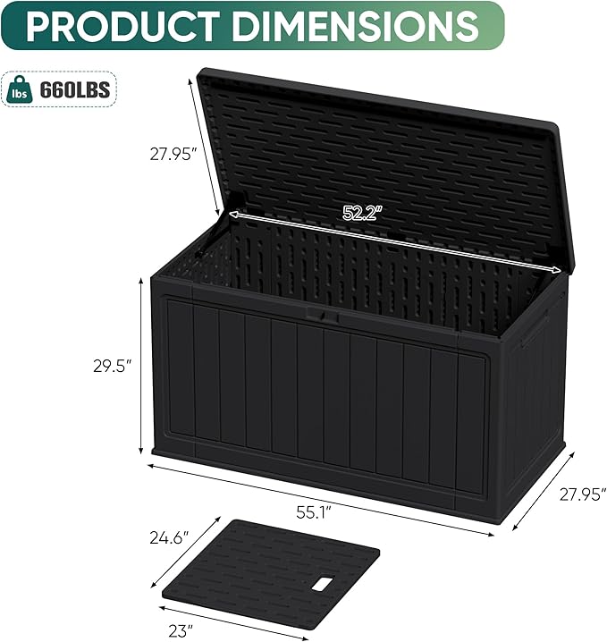 JUMMICO 160 Gallon Resin Outdoor Storage Deck Box with Divider, Waterproof Storage Box&Bench with Lockable Lid for Garden Tools, Pools Supplies (Black) - Image 4
