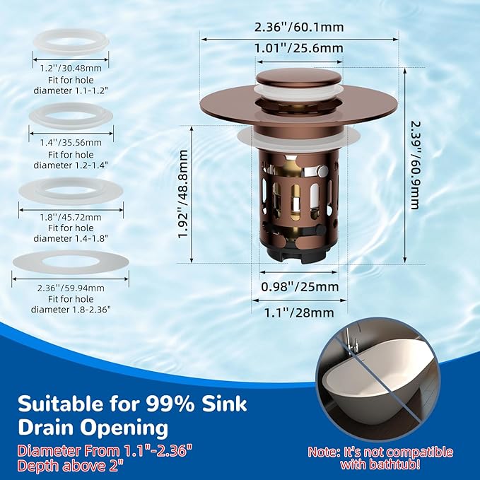 Hibbent 3 Pack 3 in 1 Bathroom Sink Drain Strainer, Universal Pop Up Stopper - Image 6
