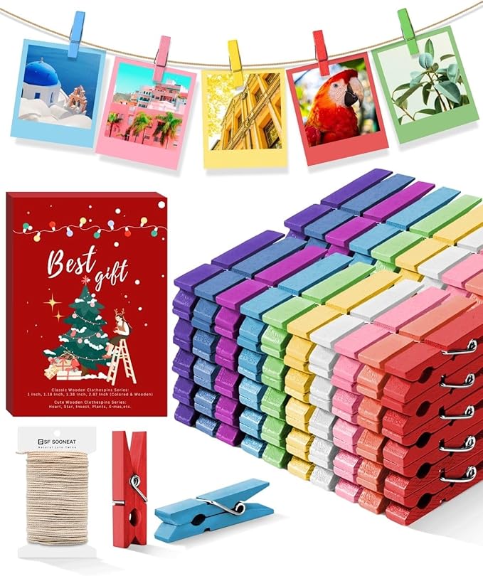 Mini Clothes Pins for Photo, Small Colored Clothespins 100 Pack Wooden Rainbow by SFSOONEAT