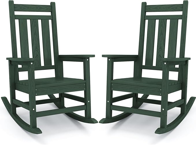 KINGYES Oversized Outdoor Rocking Chair Set of 2, All-Weather Patio Rocking Chairs for Porch, HDPE Outdoor Patio Rockers with High Back & Wide Seat for Garden, Lawn, Green by KINGYES