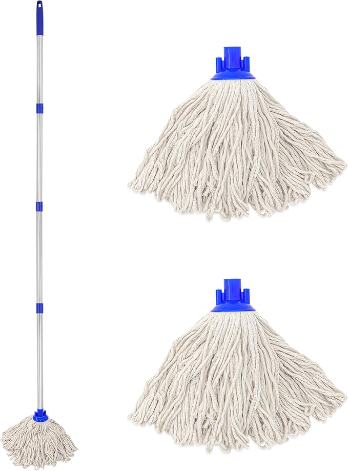 Cotton Cloth Mop, 4 Section Stainless Steel Pole + Two Cotton String Mop Heads by EaseYourDay