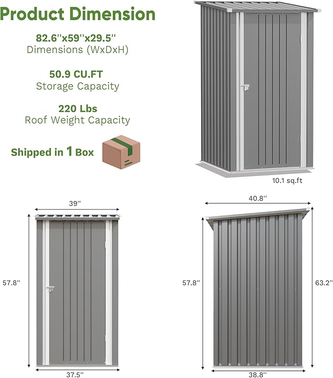 Greesum 3x3FT Outdoor Storage Shed, Small Metal Storaged Sheds with Lockable Doors, Sheds & Outdoor Storage for Backyard, Pool and Garden, Gray - Image 4