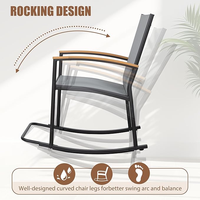 Shintenchi 3 Piece Outdoor Rocking Bistro Set, Textilene Fabric Small Patio Furniture Set, Front Porch Rocker Chairs Conversation Set with Table for Lawn, Garden, Balcony, Poolside (Light Gray) - Image 2