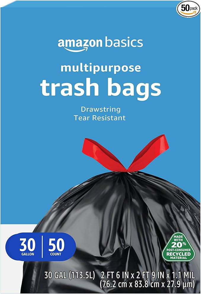 Amazon Basics 30 Gallon Multipurpose Drawstring Trash Bags, 20% Post Consumer by AmazonBasics