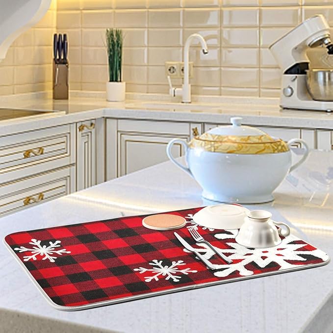 Christmas Red Plaid Snow Snowflake Dish Drying Mat 18x24 inch Red Black Lattice - Image 6