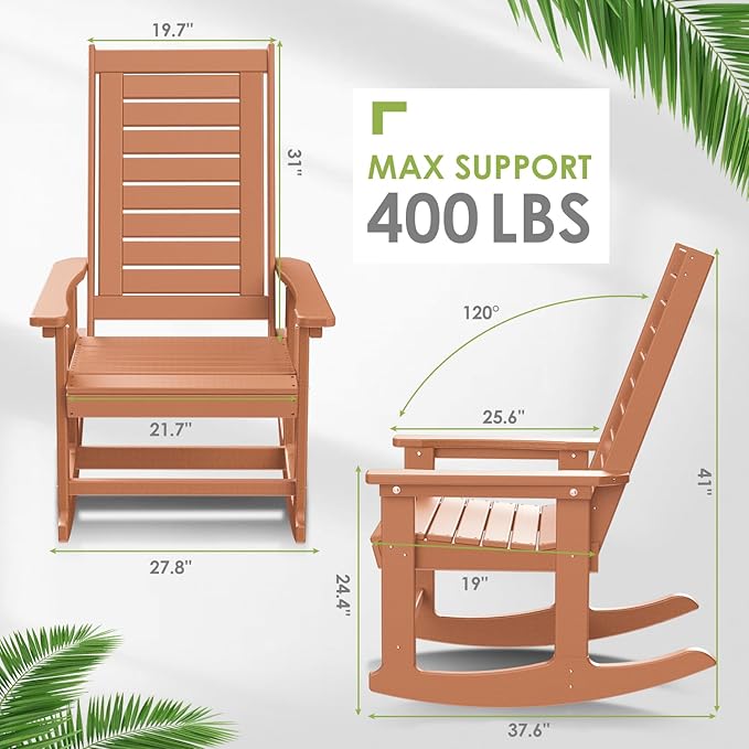GREENVINES Outdoor Rocking Chairs | Set of 2 | Porch Rocker | HDPE Plastic | Teak | Oversized Rockers | High Back | Big & Tall | Ladder Back | for Patio Outside Backyard Balcony Garden - Image 3