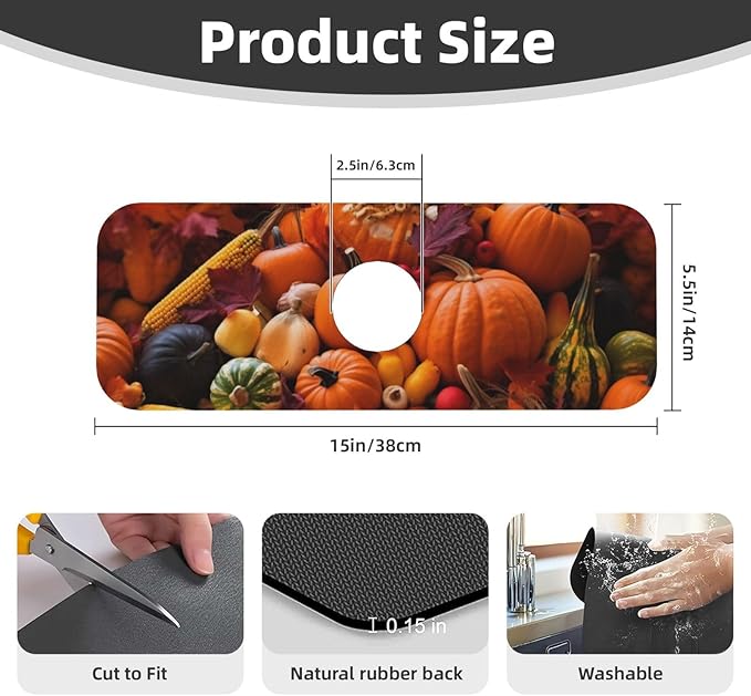 Kitchen Sink Splash Guard Faucet Mat Autumn Fall Pumpkin 15"x5.5", Diatom Mat - Image 2