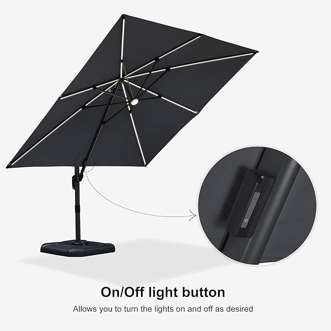 PURPLE LEAF 10 Feet Patio Umbrella with Base Outdoor Cantilever Solar Powered LED Square Umbrella Aluminum Offset Umbrella with 360-degree Rotation for Garden Deck Pool Patio Light Grey - Image 7