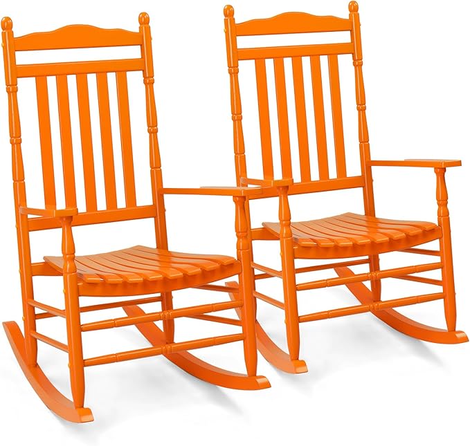 VINGLI Wooden Rocking Chair, Outdoor Chair with 450 lbs Support, Relaxing Rocker with Solid Wood High Back Seat Reclining Seat for Deck, Garden, Backyard, Porch, Indoor or Outdoor Use (Orange, 2PCS) by VINGLI