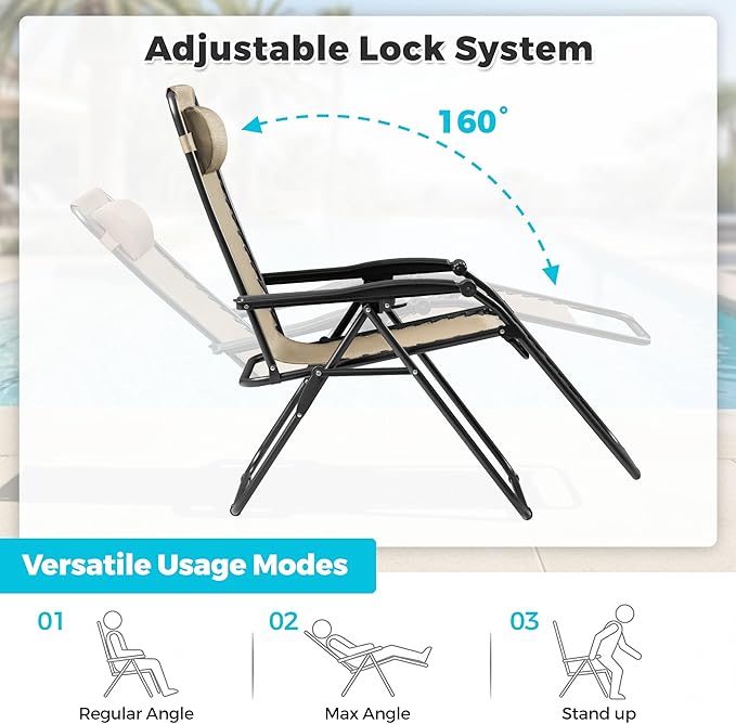 Homall Zero Gravity Chair Patio Folding Lawn Outdoor Lounge Gravity Camp Reclining Lounge Chair with Cup Holder Pillows for Poolside Backyard and Beach Set of 4 (Beige) - Image 4