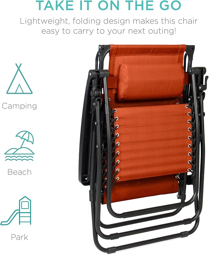 Best Choice Products Folding Zero Gravity Outdoor Recliner Patio Lounge Chair w/Adjustable Canopy Shade, Headrest, Side Accessory Tray, Textilene Mesh - Burnt Orange - Image 8