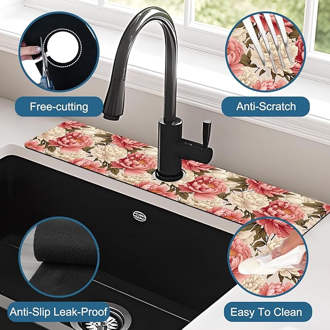 Beautiful Peony Sink Faucet Absorbing Mat Bright Peonies Super Absorbent Fast - Image 4