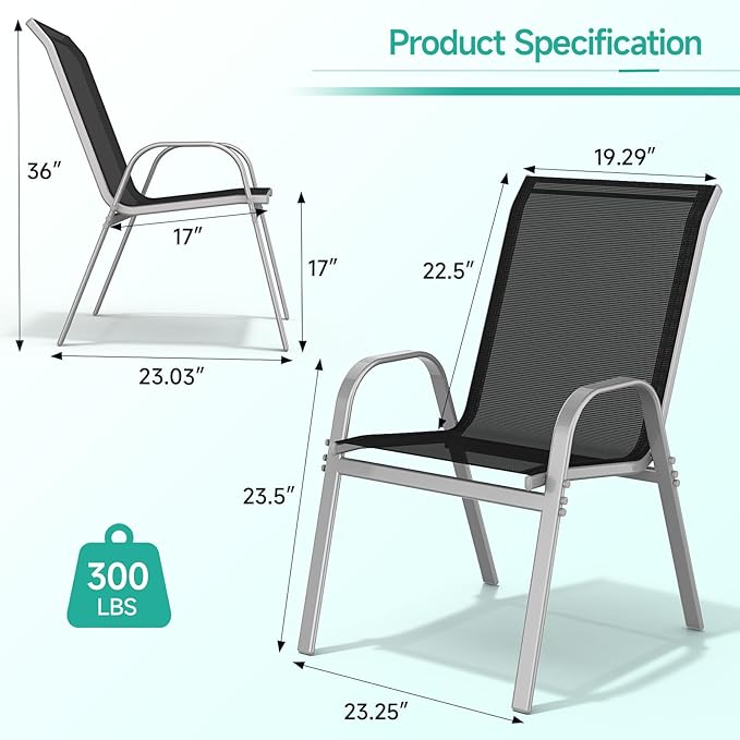 Patio Chairs Set of 2, Easily Set Up Stackable Outdoor Dining Chairs with High Back and Wide Seat, All Weather Breathable Outdoor Chairs Set of 2 with Metal Frame for Backyard Deck Pool, Black - Image 3