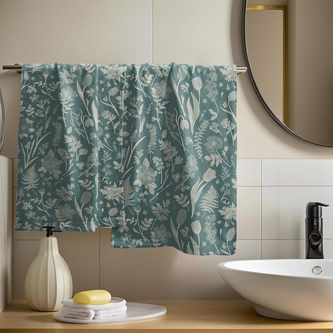 Aqua Spring Floral Hand Towels for Bathroom Set of 2 Flower Leaves Vintage - Image 6
