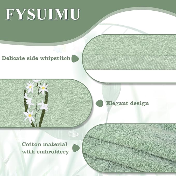 3Pcs Sage Green Hand Towels 29.5 x 13.7 Inch Gradient Green Floral Embroidered - Image 3