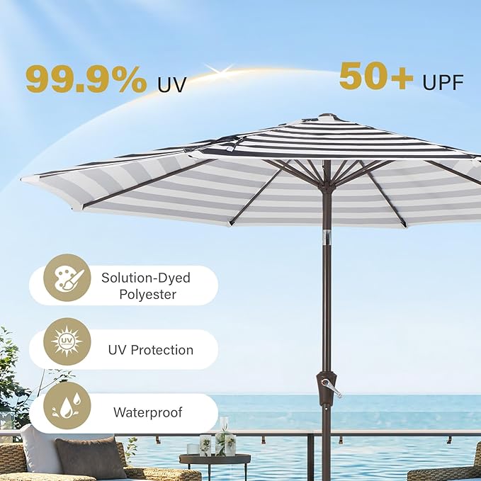 MEWAY 9ft Patio Umbrella Outdoor Table Umbrellas with Push Button Tilt and Crank, Market Umbrella 8 Sturdy Ribs for Deck, Garden, Pool and Backyard, Black-white-striped - Image 5