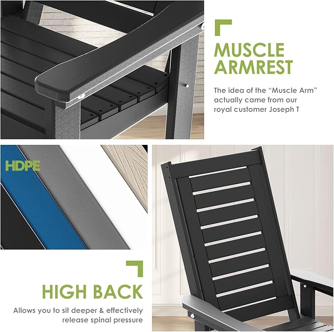 GREENVINES Outdoor Rocking Chairs | Set of 2 | Porch Rocker | HDPE Plastic | Black | Oversized Rockers | High Back | Big & Tall | Ladder Back | for Patio Outside Backyard Balcony - Image 8