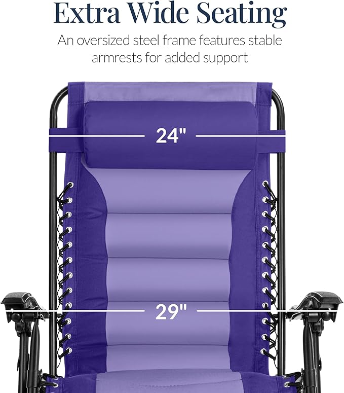 Best Choice Products Oversized Padded Zero Gravity Chair, Folding Outdoor Patio Recliner, XL Anti Gravity Lounger for Backyard w/Headrest, Cup Holder, Side Tray, Polyester Mesh - Purple/Violet - Image 3